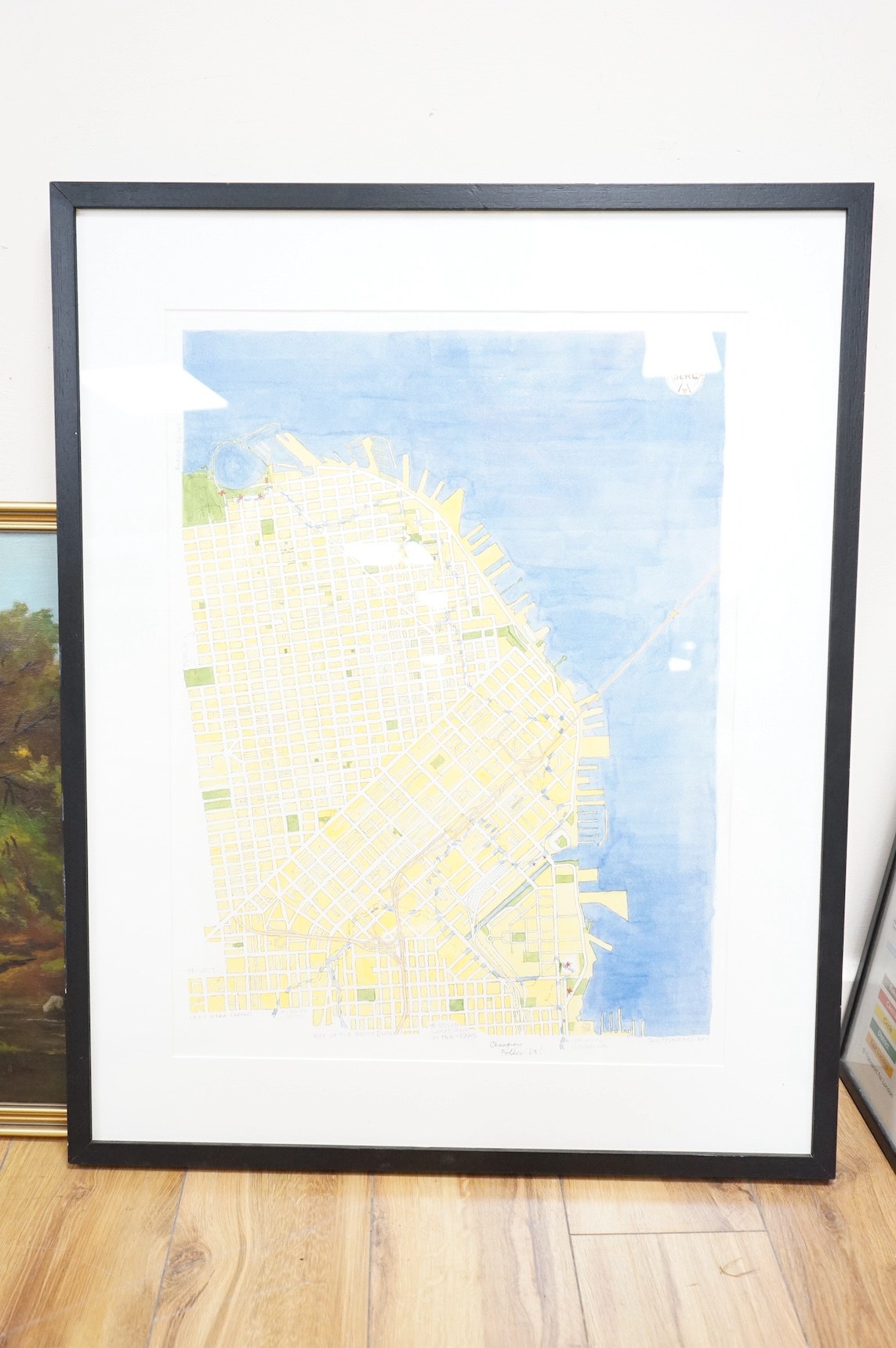 Contemporary watercolour, Map of San Francisco Bay, unsigned, 61 x 46cm. Condition - good